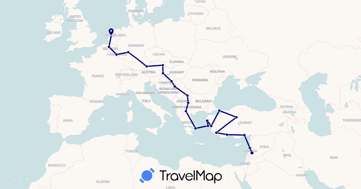 TravelMap itinerary: driving in Austria, Belgium, Germany, Greece, Croatia, Hungary, Lebanon, Luxembourg, Macedonia, Netherlands, Serbia, Syria, Turkey (Asia, Europe)